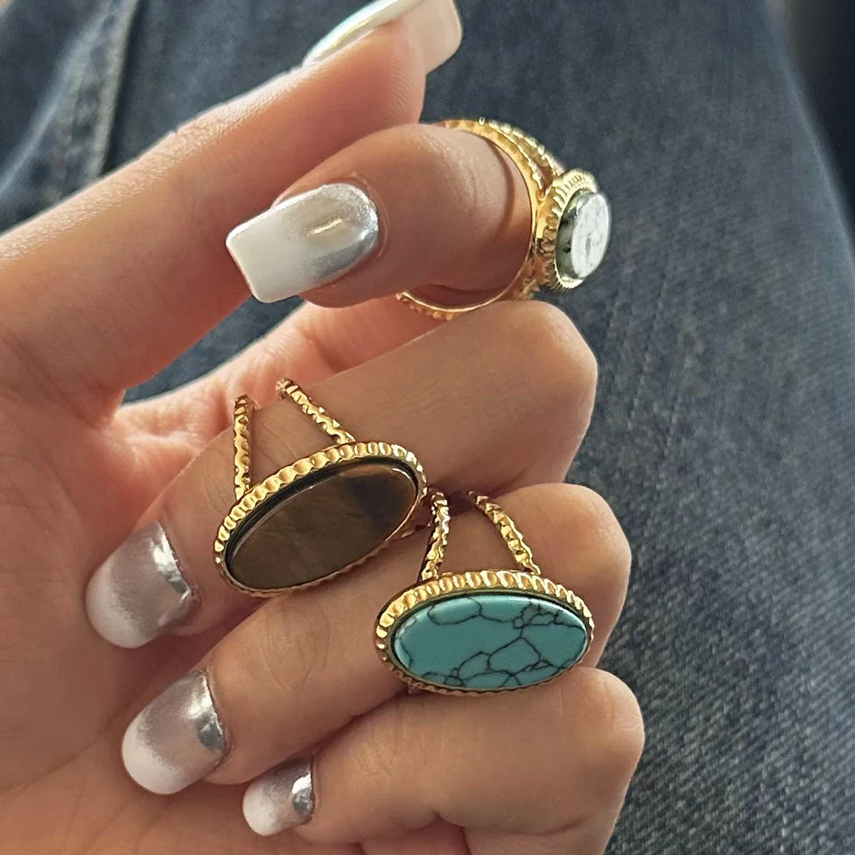 Винтажные открытые кольца из нержавеющей стали с натуральным камнем для женщин