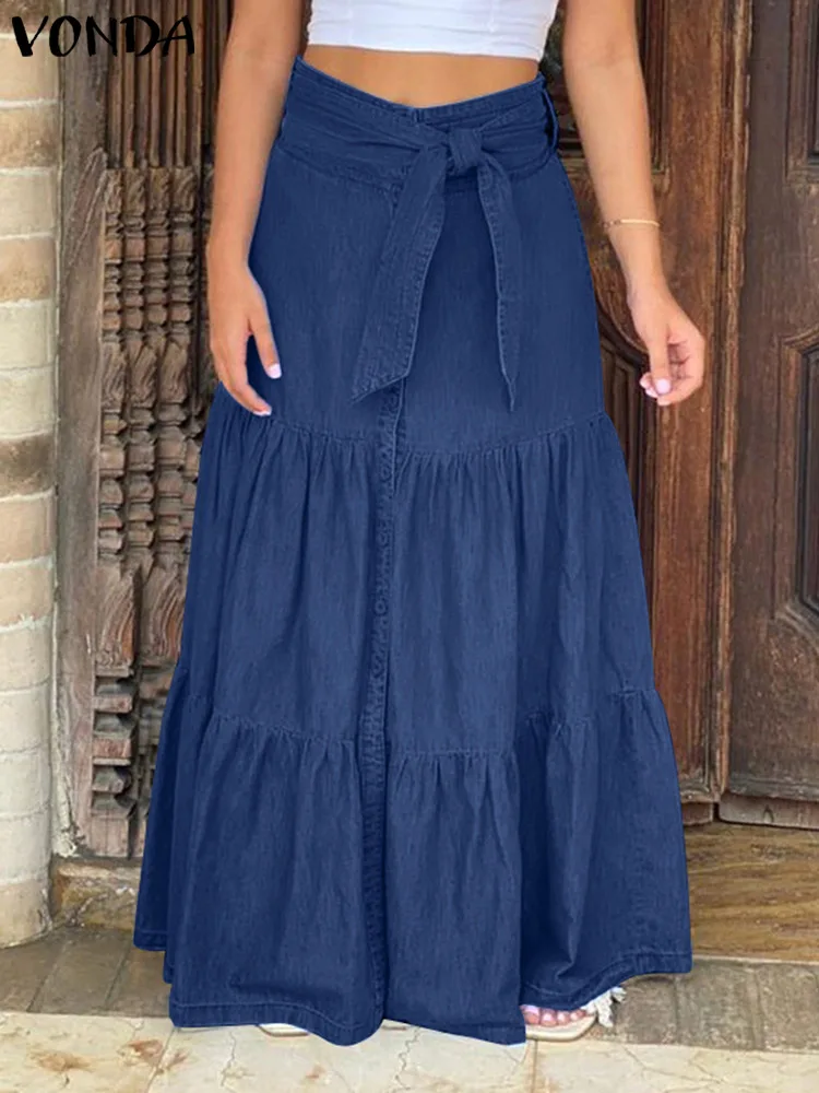 

VONDA Oversized Vintage Female Casual High Waist Holiday Pleated Jupe Women Bow Ruffled Beach Skirt Button Up Party Faldas Saias