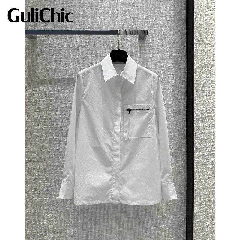 

2.18 GuliChic Women Casual Fashion Zipper Pocket Print Letter Long Sleeve Hidden Breasted Comfortable White Shirt