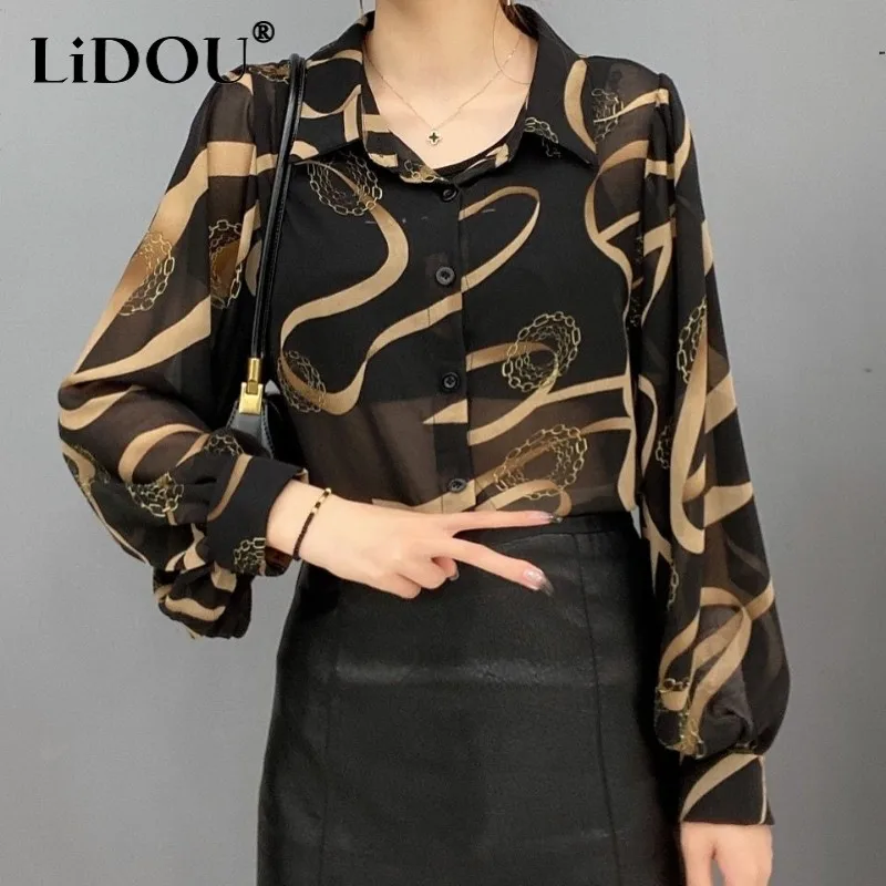 

Tops Women Blouse New Spring Summer Long Sleeve Polo-neck Fashion Printing Popularity Office Lady Elegant Fashion Comfortable
