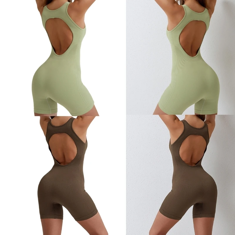 Q0KE женские бесшовные шорты с открытой спиной комбинезон дышащий цельный для