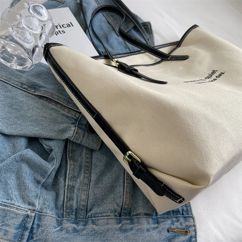 Solid White Canvas Totes For Women Large Capacity Shoulder Bags Classic Elegant Cotton Casual Bags Cute Soft Winter Packages