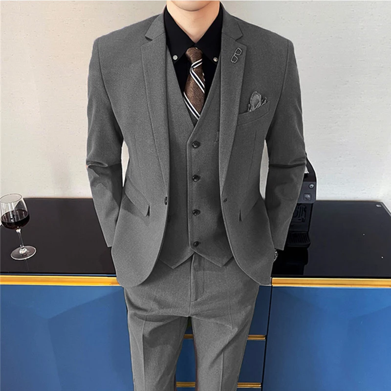 

Костюм из жилета и брюк, комплект из трех предметов, новинка 2023, модные мужские повседневные деловые однотонные шерстяные блейзеры, куртка, брюки, жилет