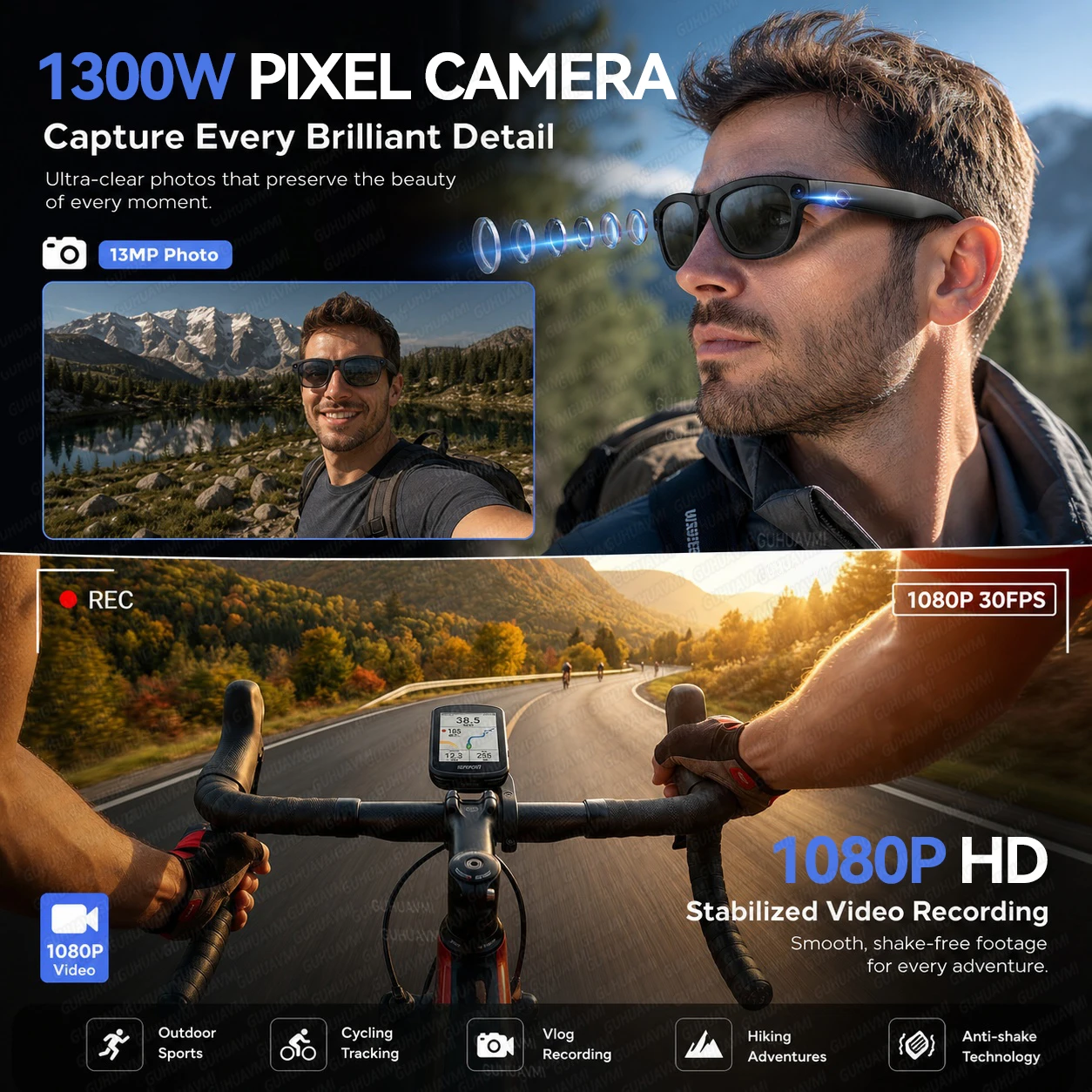 Фото Новые умные очки для мужчин с HD-камерой 13 МП, распознаванием изображений AI, переводом, прямой трансляцией, Bluetooth 5.4, аудиофункциями и спортивными солнцезащитными очками №3
