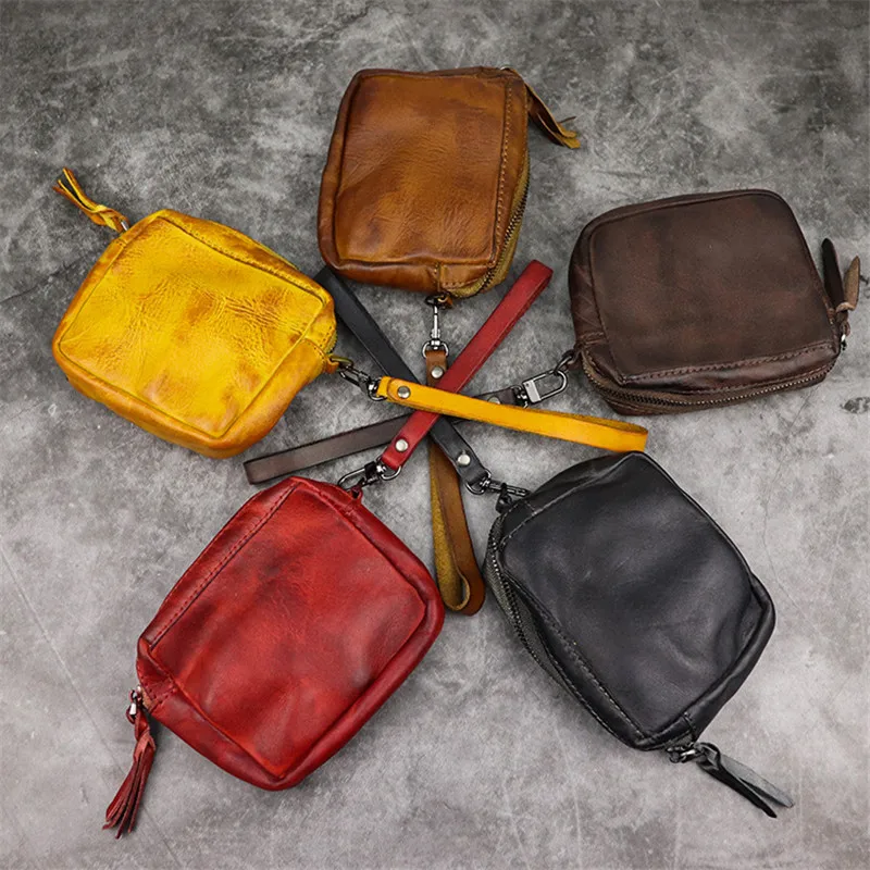 Vintage high quality soft genuine leather men's women's small coin purses real cowhide zipper credit card ID holders wallets