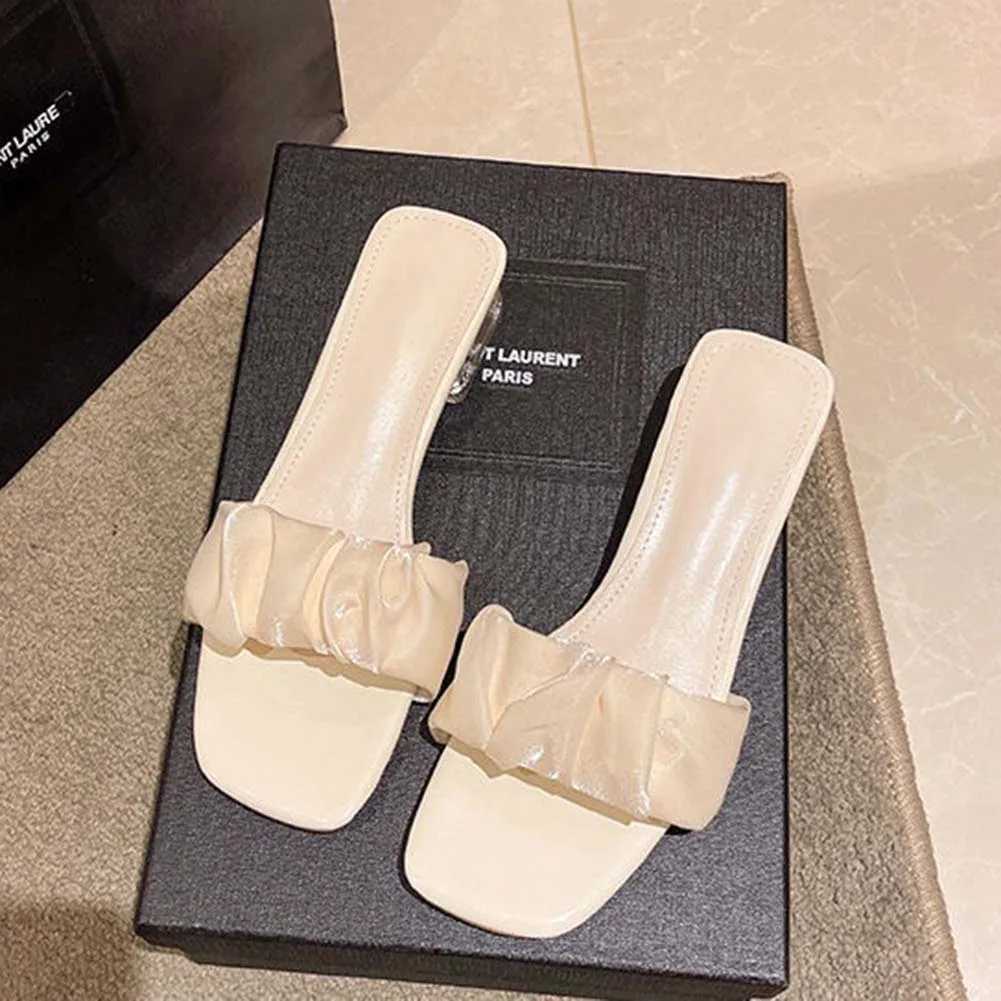 Squared Toe Pleated Slippers With Chunky Heel Wear-Resistance Non-Slip Shoes For Beach Party