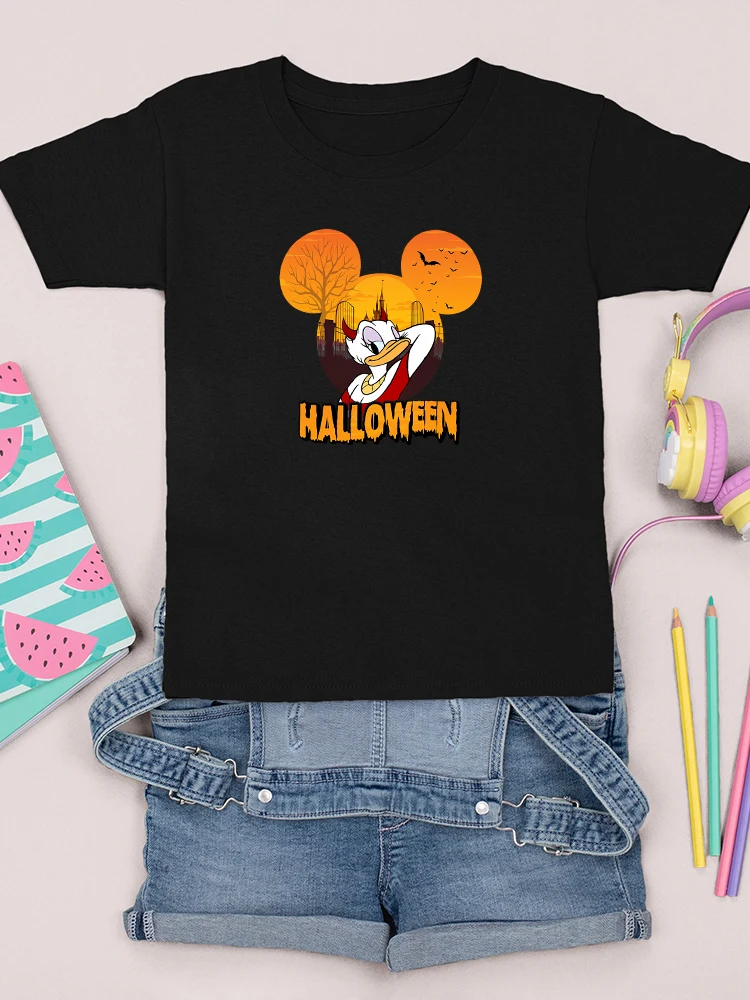 Daisy Duck Dress Up Devil T Shirt Cartoon Pumpkin Festival Kids Costume Mickey Mouse Head Pattern Short Sleeve Disney Halloween