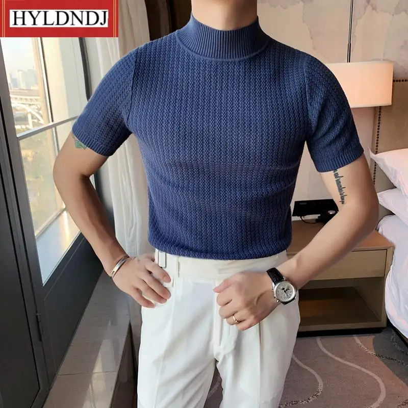 New All Match Slim Fit Stretch Turtleneck Casual Pull Homme Pullovers Autumn New Short Sleeve Knitted Sweater Men Tops Clothing