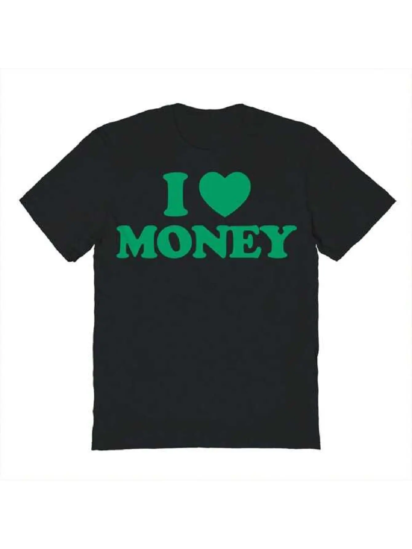 Фото Мужская футболка с принтом «I Love Money» 2026 года – с зеленым сердцем и символом доллара, дышащая, с коротким рукавом, круглым вырезом, повседневная №1
