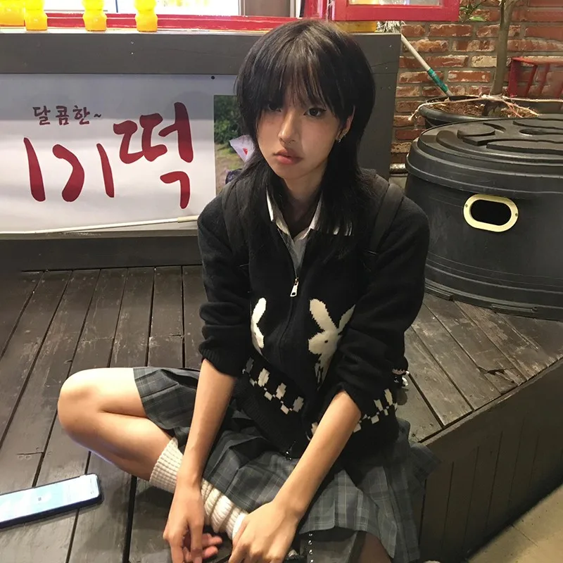 Женский вязаный кардиган на молнии с вышивкой кролика Harajuku 2000-х годов