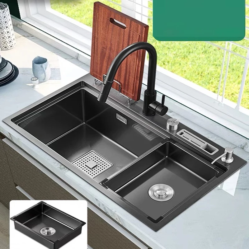 

Black Nano Water Tank Kitchen Sink with Knife Holder Vegetable Washing Basin with Cutting Board Stainless Steel Pia Black Sink