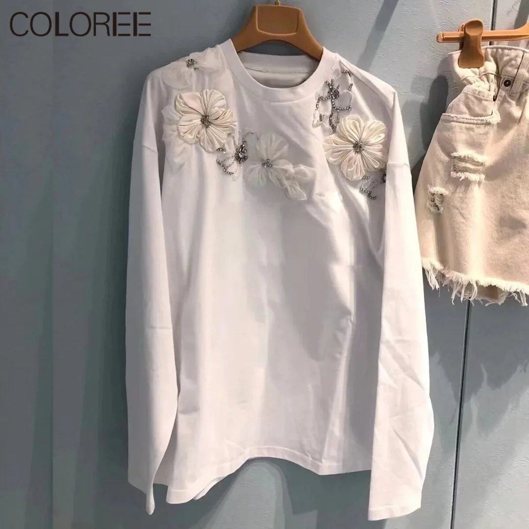 Luxury Crystal Beading T-shirts 2022 Autumn Korean Fashion Elegant O-neck Long Sleeve Top White Oversized T Shirt Women