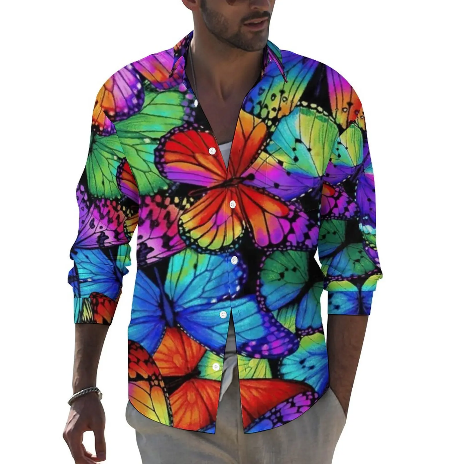 

Colorful Butterfly Shirt Spring Neon Animal Print Casual Shirts Men Cool Blouses Long Sleeve Design Harajuku Tops Big Size 4XL