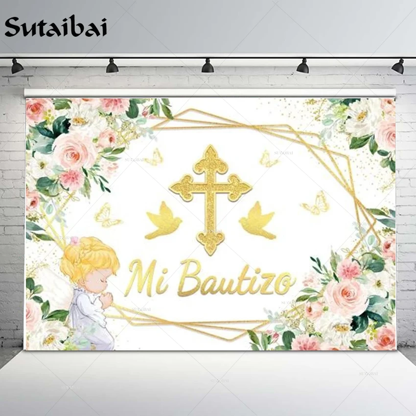 Розовый цветочный Золотой Фотофон для причастия девушка испанский Mi Bautizo Бабочка