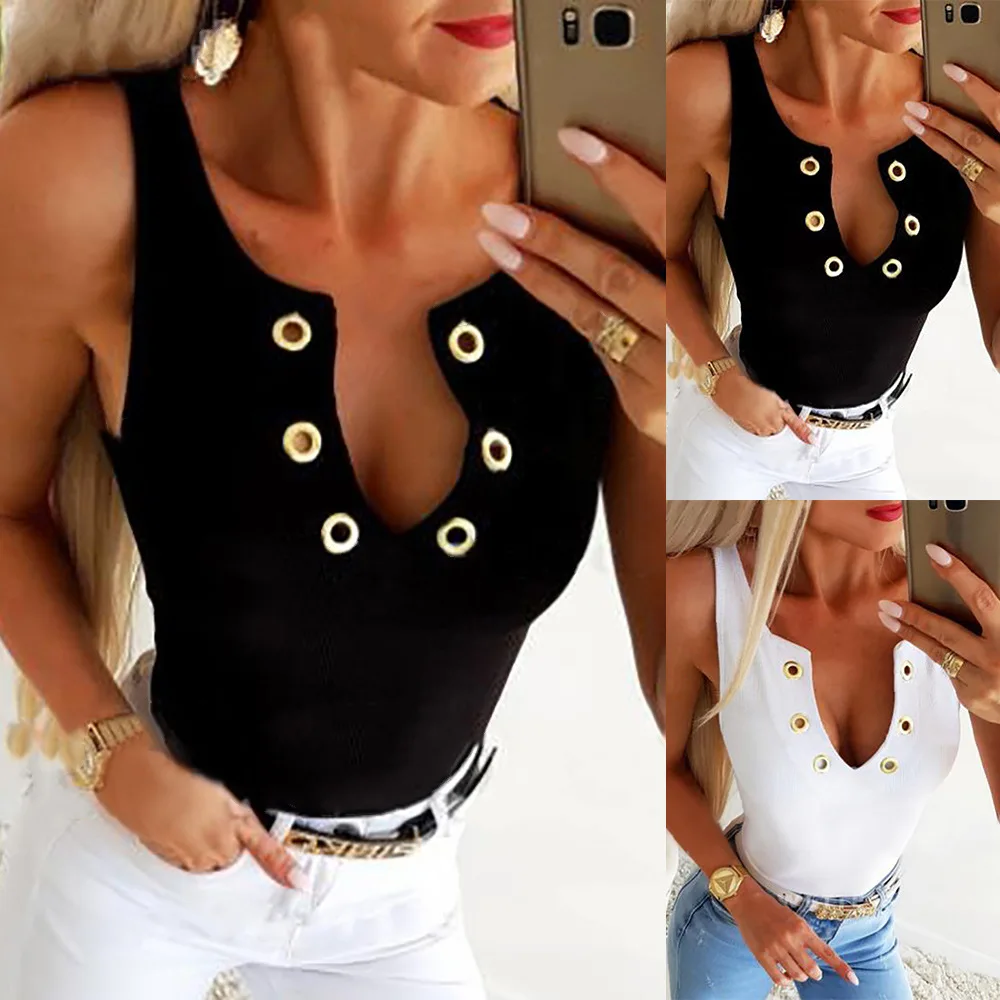 Sexy Women Summer Solid Color Tanks for Streetwear Eyelet Design V-Neck Sleeveless Mid Waist Slim Pullovers Top