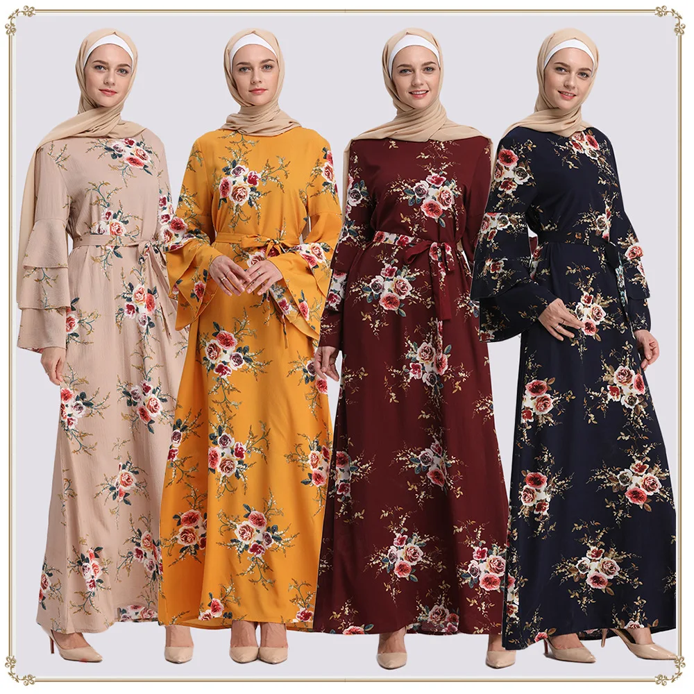 

Printed Elegant Long Swing Ankle Dress with Belt Abaya Muslim Modest Women Clothing Muslim Dress Women Free Shipping
