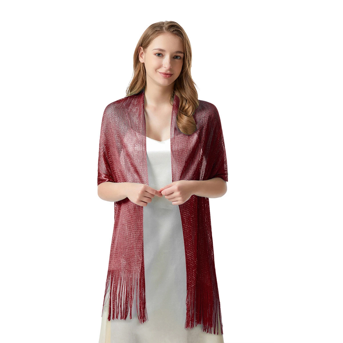 Сверкающий Шелковый Шарф Золотого И Серебряного Цвета 2024. Тонкая Шаль С Бахромой.