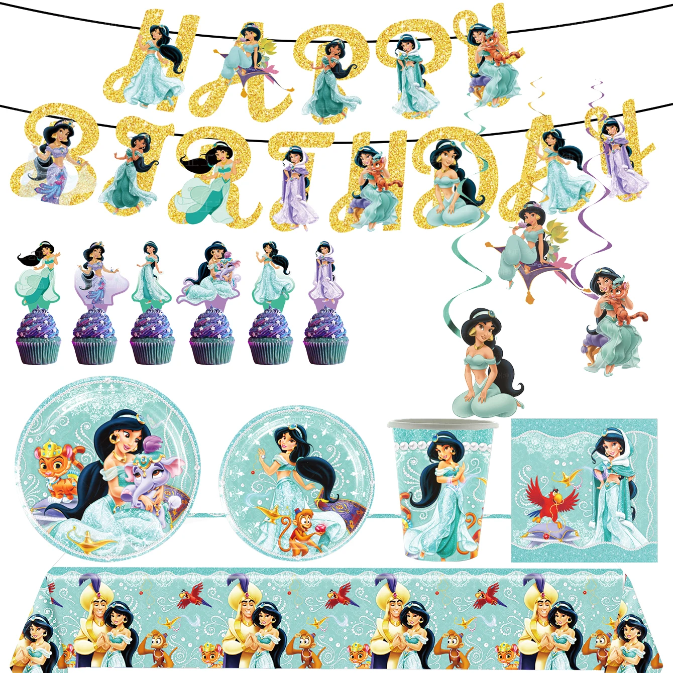 

New Disney Aladin Jasmine Princess Happy Birthday Party Decoration Disposable Tableware Balloon Banner Baby Shower Girl Kid Gift