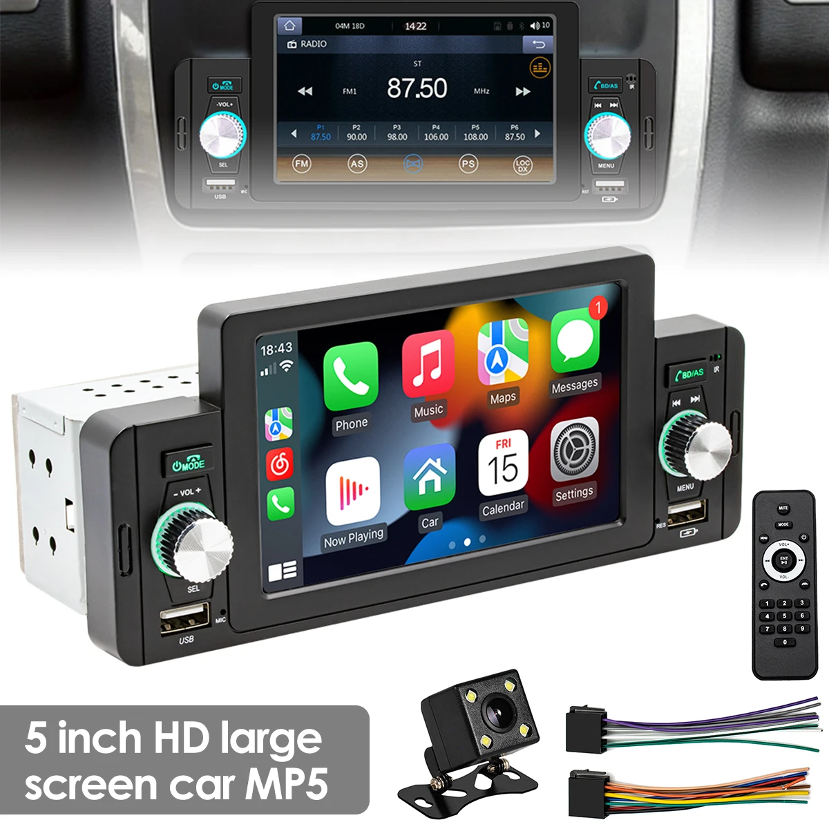 

Автомобильный мультимедийный плеер 1 Din, 5 дюймов, мультимедийный проигрыватель для CarPlay, многофункциональный автомобильный стерео проигрыв...