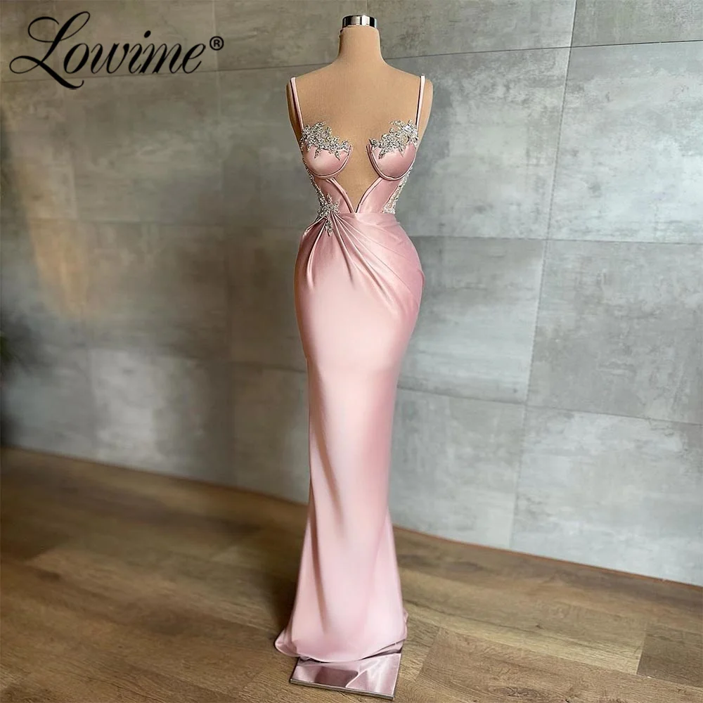 

Lowime Sexy Spaghetti Strap Pink Mermaid Party Dresses Sparkly Crystals Long Satin Evening Gowns Celebrity Prom Dress 2022 Robes