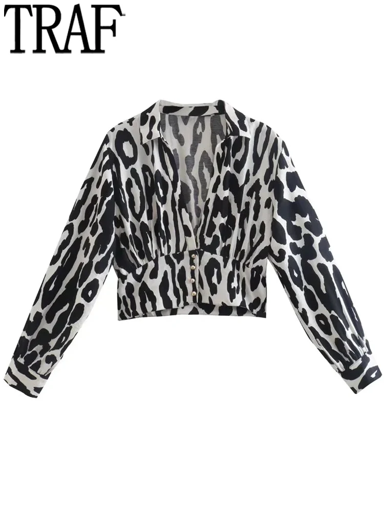 

Женская укороченная блузка с длинным рукавом, V-образным вырезом и принтом животных