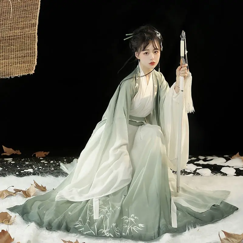 Ханьфу платье XL зеленый и синий полиэстер