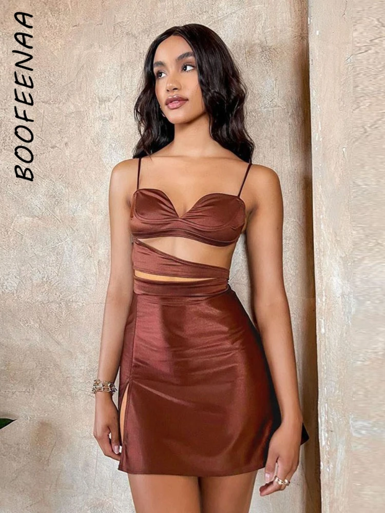 

BOOFEENAA коричневый атласный комплект с юбкой с разрезом, сексуальные костюмы для ужина, летняя одежда, короткие комплекты из 2 предметов, женск...