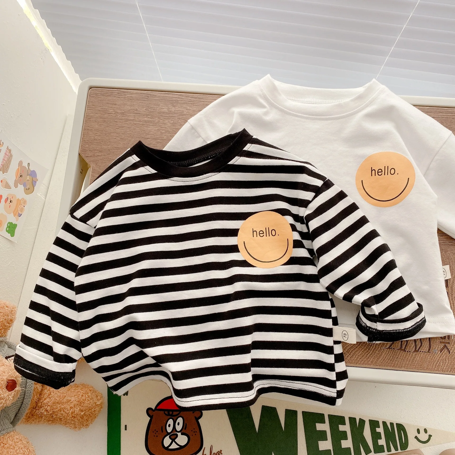

2022 Kids Striped TShirt Long Sleeve Cotton T-Shirt Girls Boys Autumn Bottoming Shirt Korean Baby Smiley Face Tees Children Tops