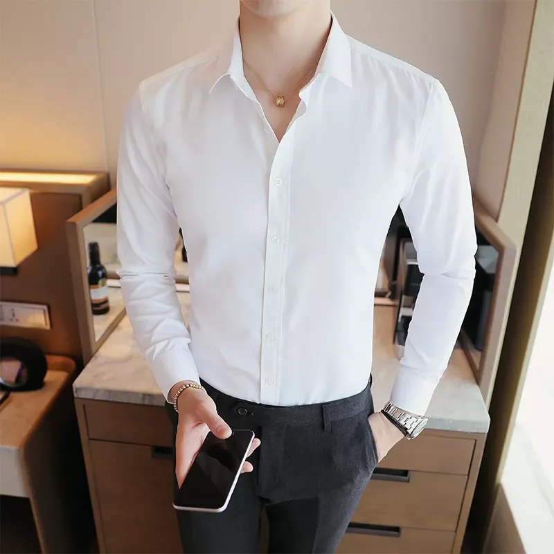 

White Dress Shirts Slim Fit Good Quality Male Long Sleeves Business Casual Shirts New Spring Men Solid Color Shirts 5XL