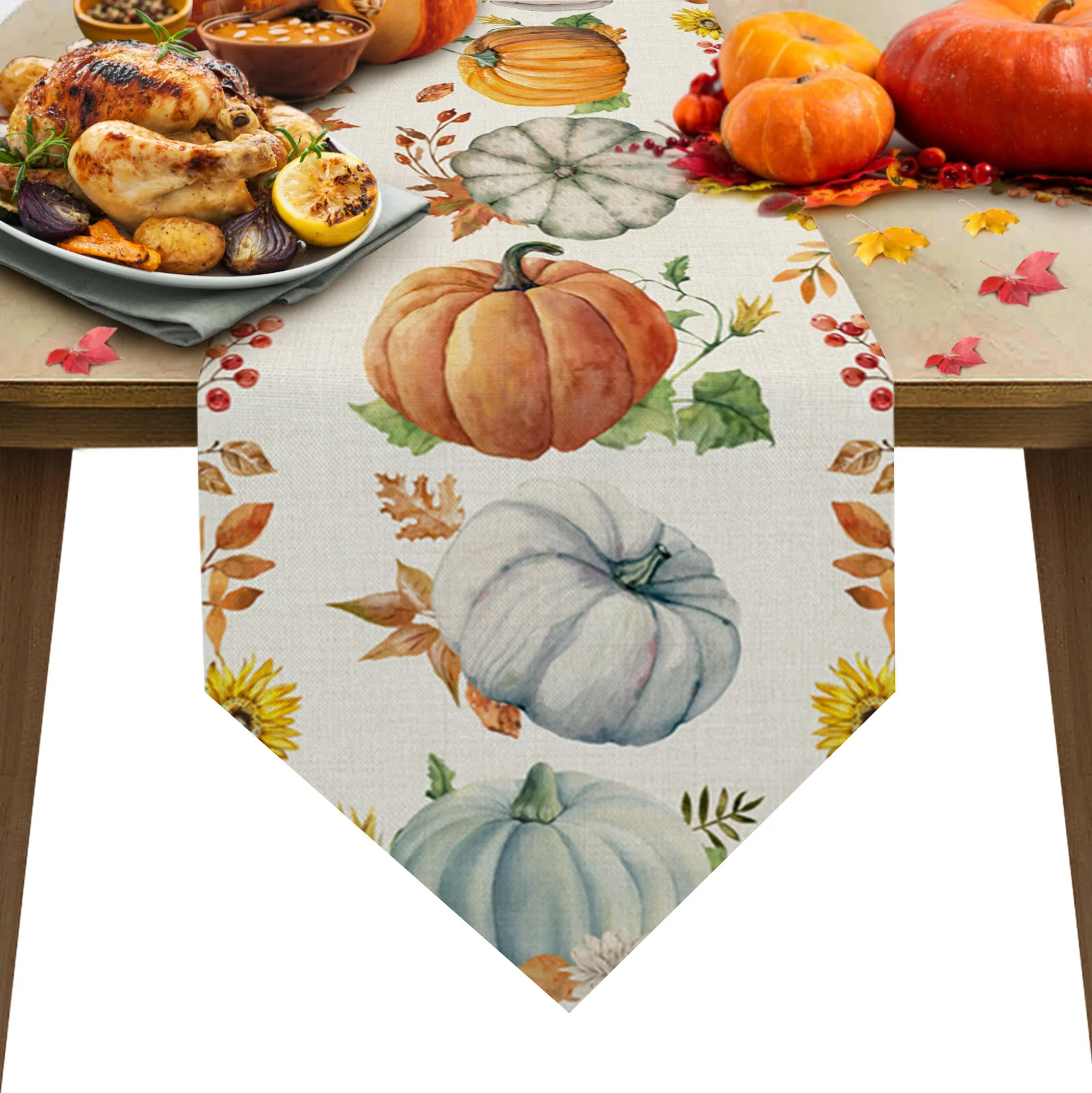 

Настольная дорожка на День Благодарения, праздничный декоративный обеденный стол с кленовыми листьями и осенней тыквой, декоративные скат...