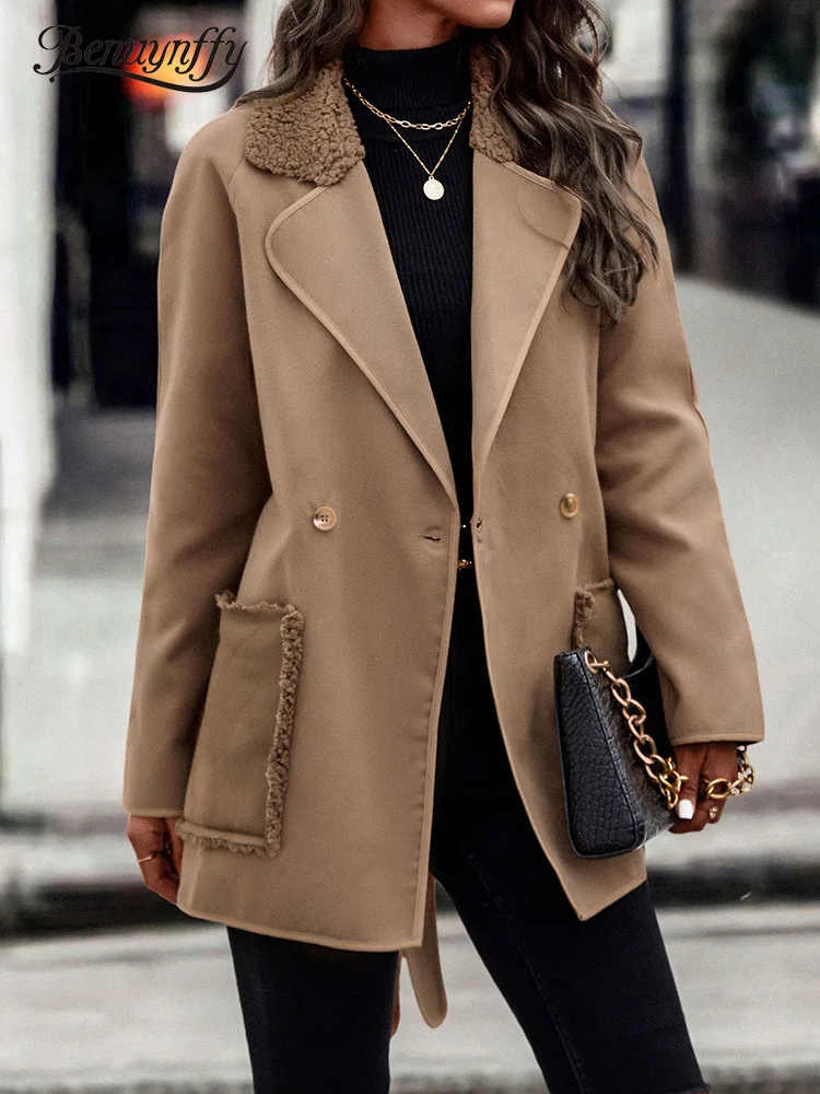 

Benuynffy Notched Neck Belted Woolen Coat Women Autumn Winter Double Breasted Pockets Ladies Coats Korean Loose Casual Outerwear