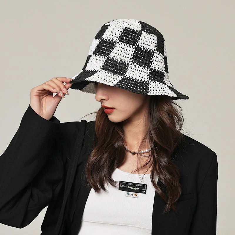 

Шляпа женская Соломенная в клетку, милая шапка в шахматную клетку, Пляжная солнцезащитная, лето 2022