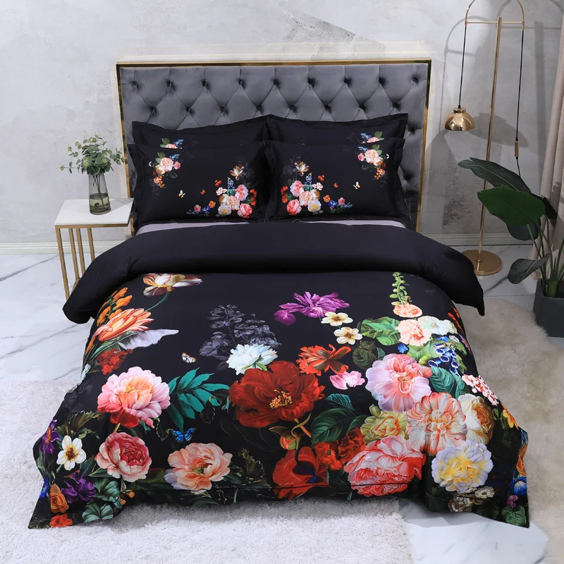 

Luxury 100% Egyptian Cotton Bed Linen Sheets Satin Bedding Sets Double Duvet Cover Set Flower Print Pastoral Princess Bedspreads
