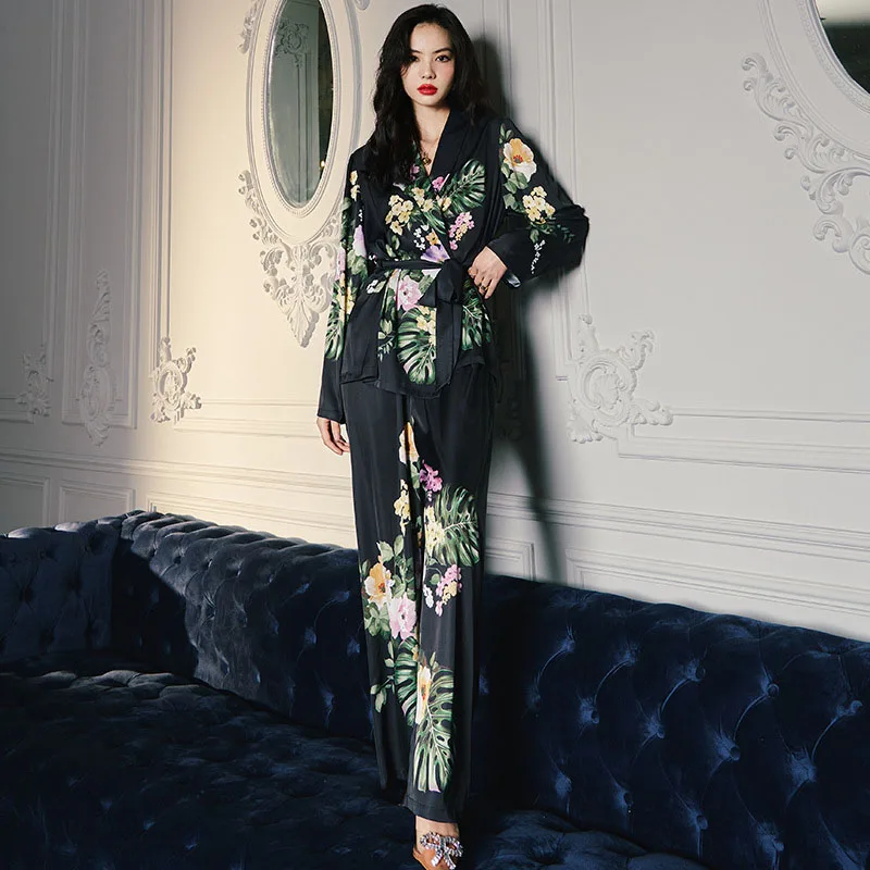 Women 2 Pieces Satin Silk Floral Printed Sleepwear Long Sleeve Surplice Top with Belt and Long Pants Pajamas Set