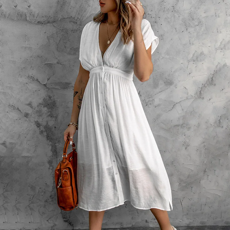 

Women's summer dress Sexy short sleeve v-neck waist button down solid khaki yellow white A-line midi beach dresses 2022