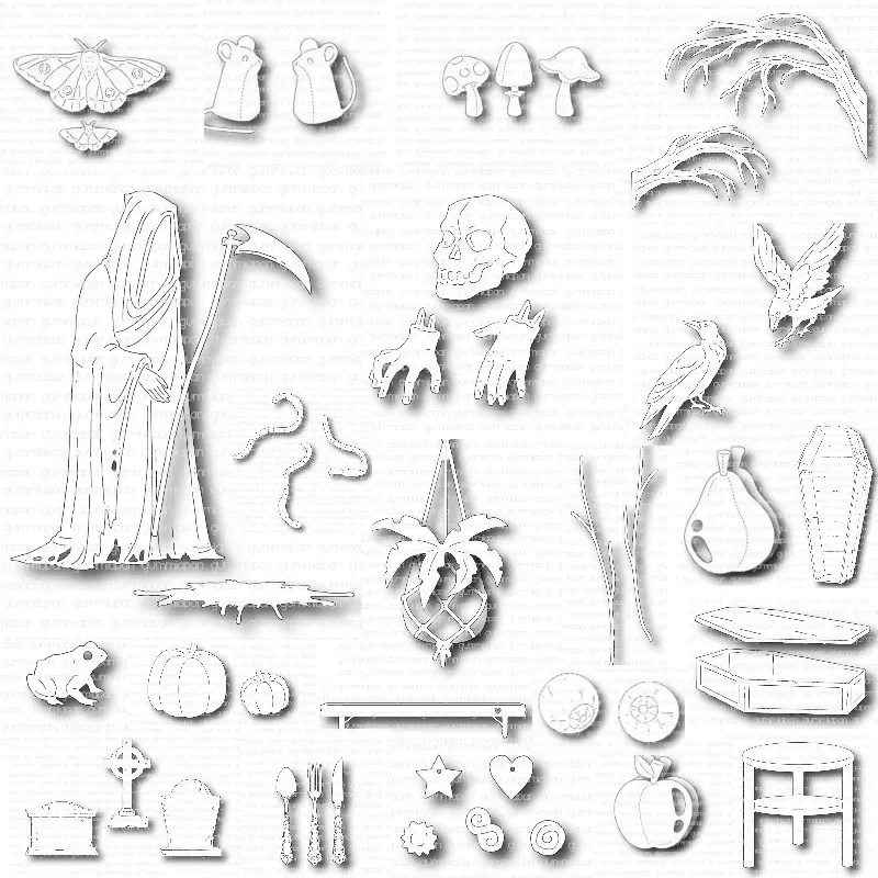 Череп Хэллоуин лягушка руки надгробия зловещие ветви Мрачный Жнец черви