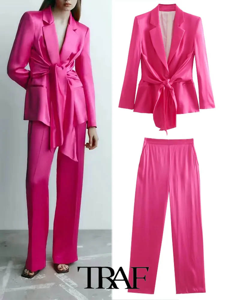 

Женский блейзер и брюки TRAF 2022, блейзер и длинные брюки с атласной текстурой, украшенные бантом, базовая повседневная одежда