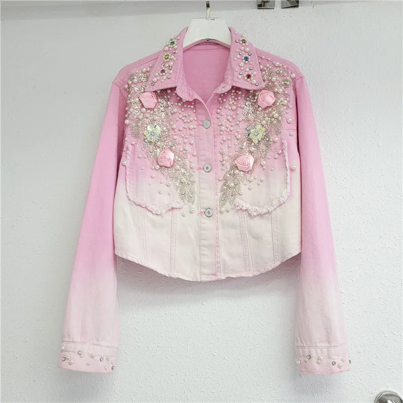 

Heavy Industry Nail Flower Gradient Pink Denim Jacket Female Korean Style High Street Long Sleeve Jeans Jackets Women Coats Top