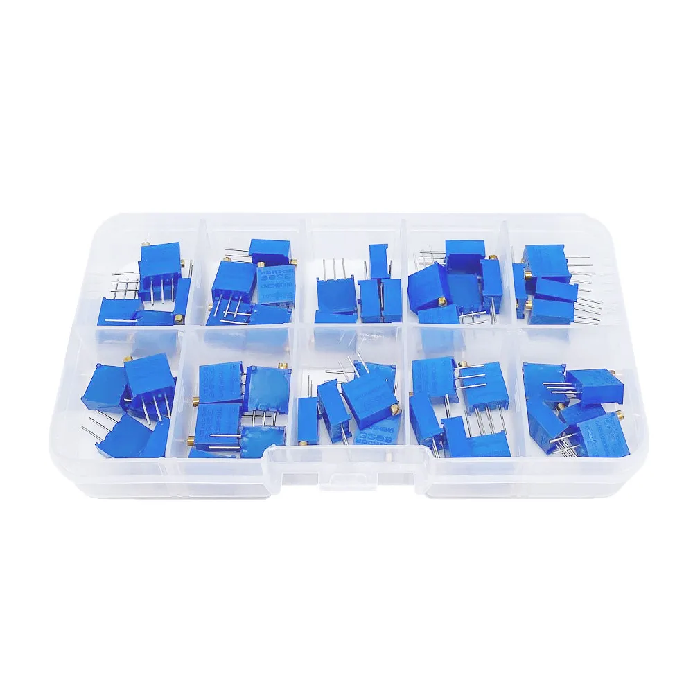 

50pcs 3296W Multiturn Trimmer Potentiometers Kit High Precision Variable Resistor 3296 with Box 100ohm-100Kohm