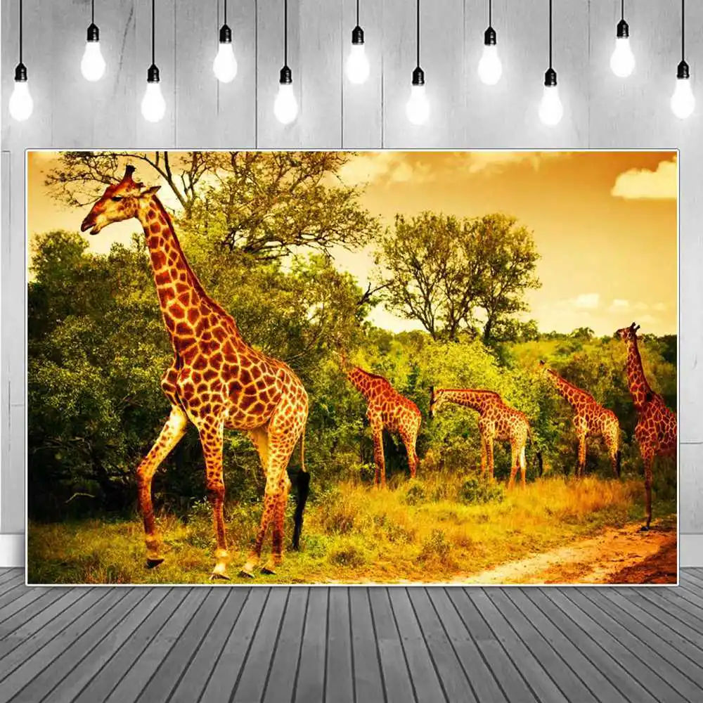 

Africa Animals Photography Backdrops Birthday Decoration Custom Safari Party Deers Group Children Home Photo Booth Backgrounds