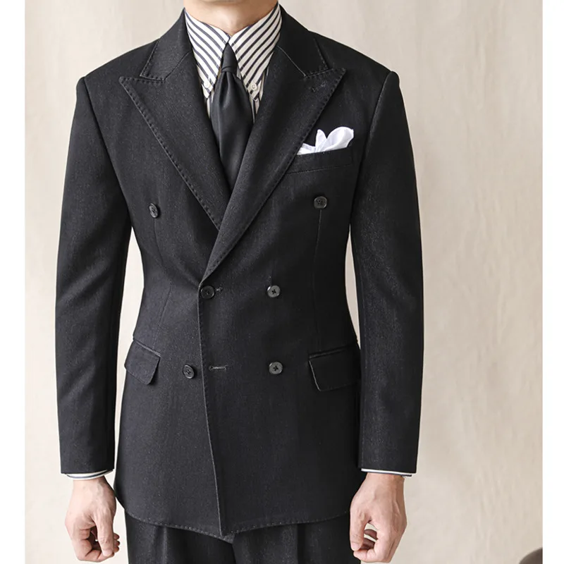 Мужской двубортный Блейзер Неаполя черный деловой облегающий пиджак пальто 2024