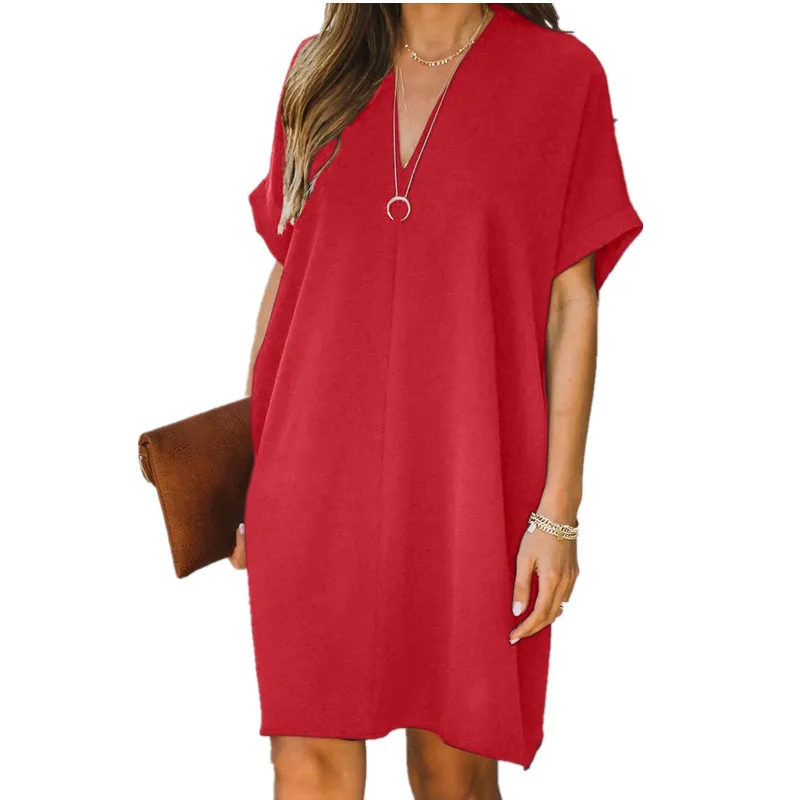 

Summer Dress Women Casual Loose Dresses V Neck Mini Dress For Retro Short Sleeve Red Basic Robe Femme Y2K Ropa Mujer Clothes