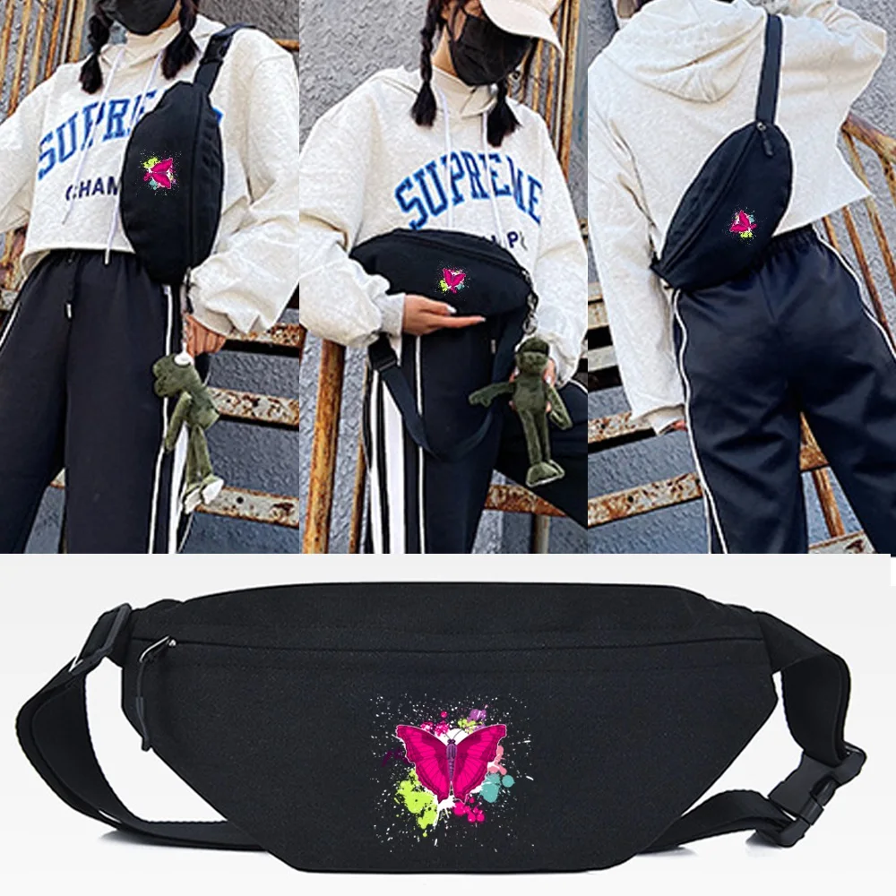 

Fuchsia Butterfly Printing Waist Bags Sport Women and Men Chest Bag Crossbody Shoulder Bag Zipper Pouch Travel Casual Hand Packs