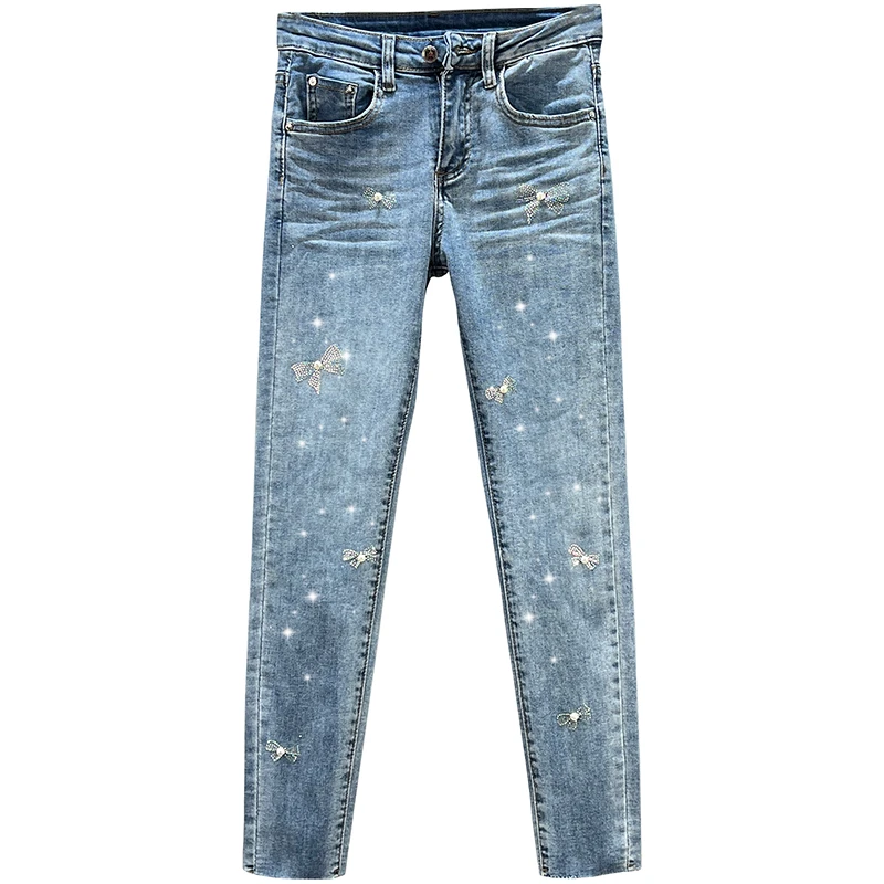 Beaded Jeans for Women 2022 Spring/Summer New Cotton Elastic Slim Pencil Pants Hot Girls Skinny Denim Pants Woman Jean Trousers
