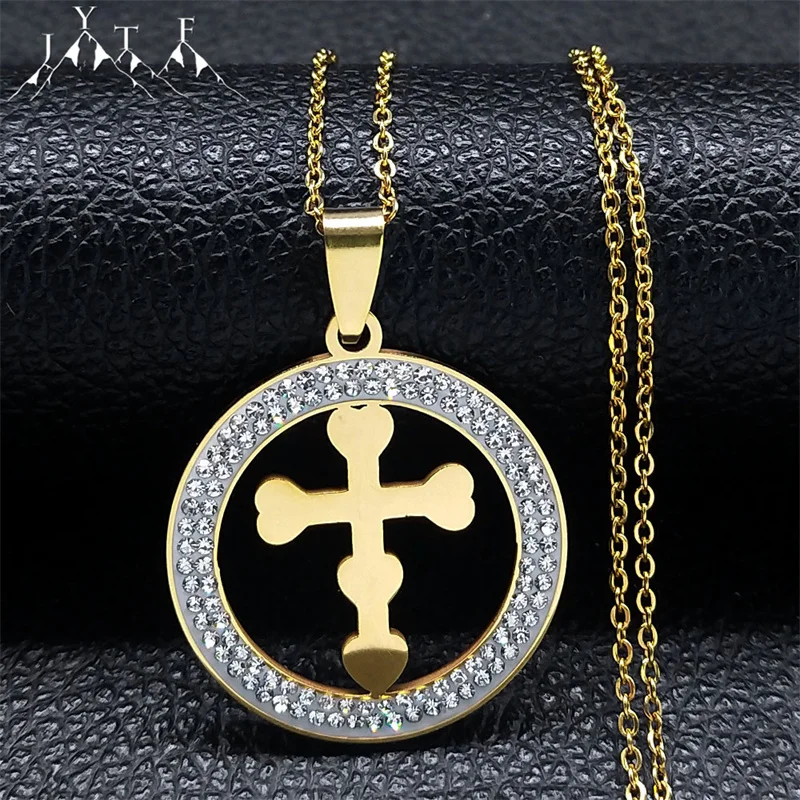 

Fashion Crystal Heart Cross Pendant Necklace for Women Men Christ Stainless Steel Gold Plated Rhinestone Round Necklaces Jewelry