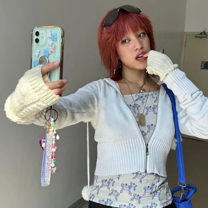 

Goth Dark Y2k Girl Knitted Zip Up Autumn Crop Jackets Kwaii Harajuku Gothic Hooded Cardigans Women Fur Collar White Slim Jacket