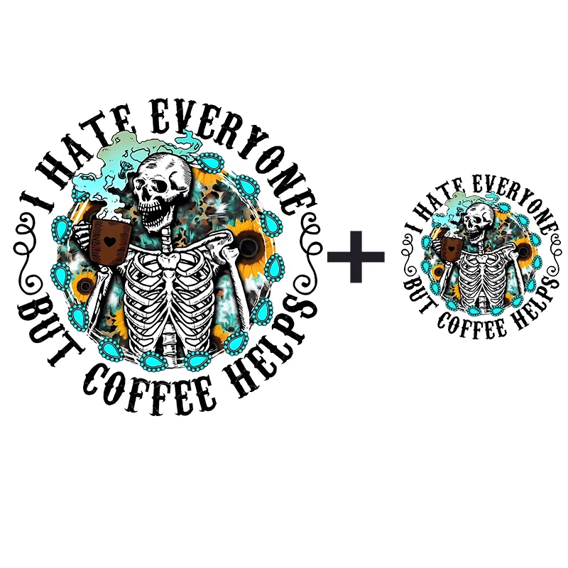 Забавный череп пьяный кофе теплопередача наклейки на одежду железные нашивки