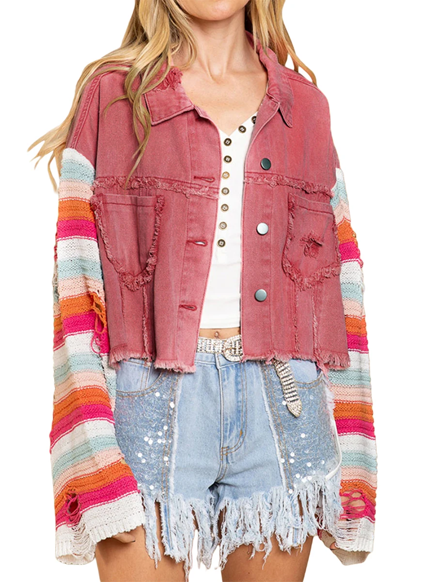 

Women s Patchwork Denim Button Cardigan Lapel Cropped Distressed 90s Casual Outerwear