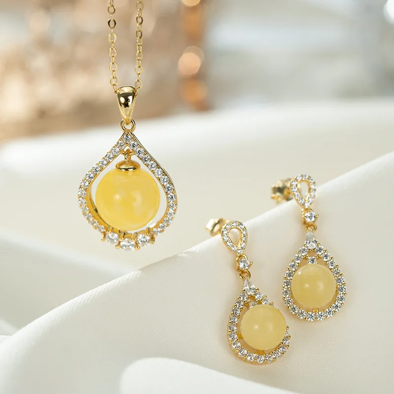 

925 sterling silver gold-plated natural beeswax set temperament light luxury ladies drop pendant earrings