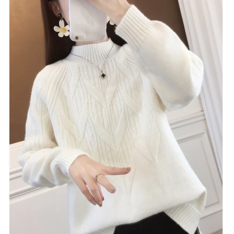 

Korean Semi-turtleneck Women's Sweater Autumn Winter Loose Keep Warm Knit Bottoming Shirt Solid Color Long Sleeve Pullover Top